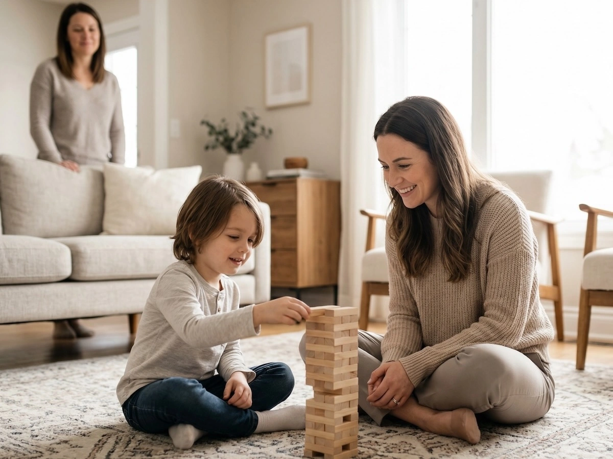 Therapist and child playing Jenga on the living room floor while mother watches from the couch during an in-home ABA therapy session