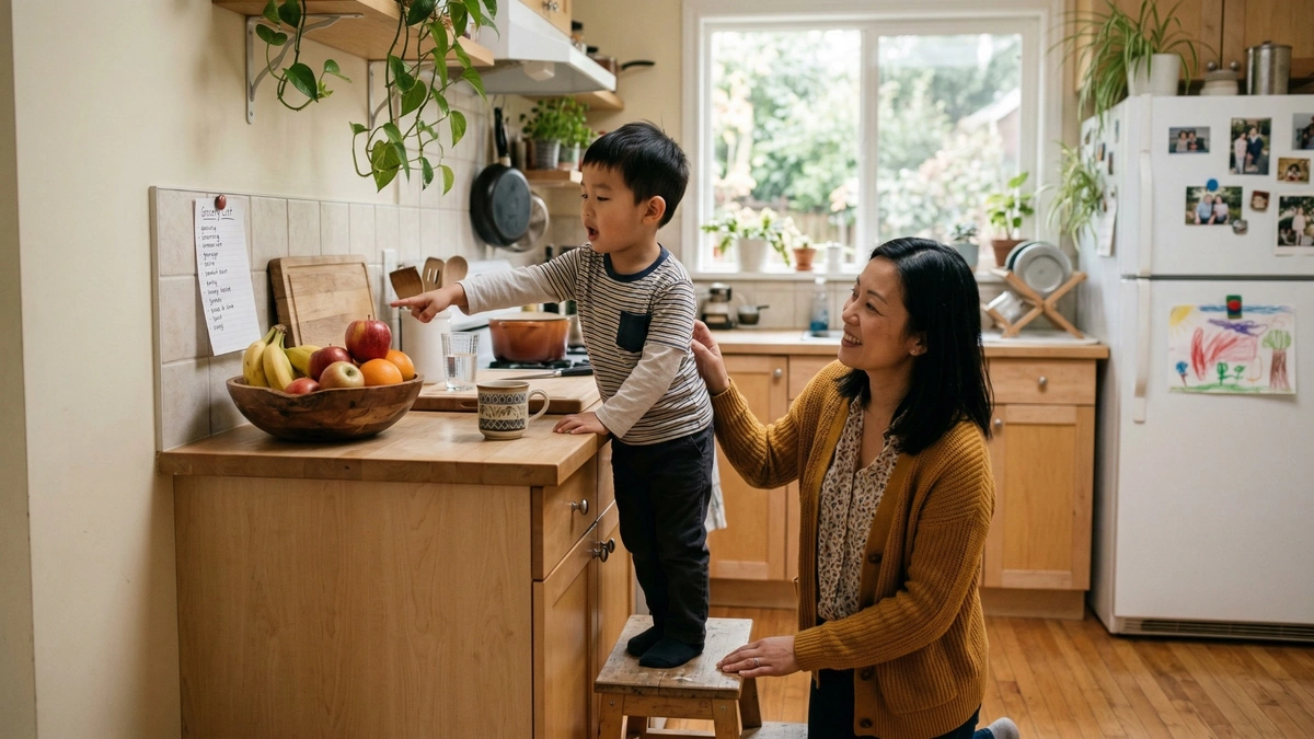 Child pointing at fruit in the family kitchen while therapist encourages communication