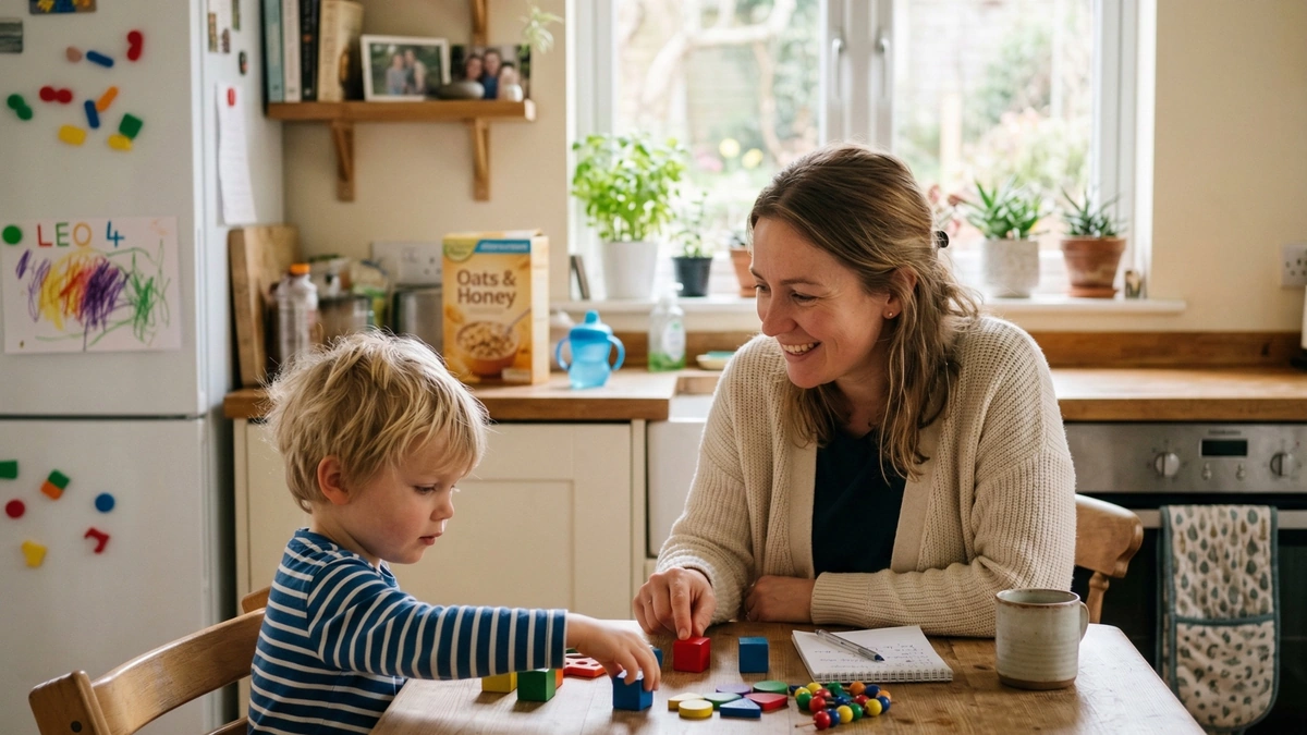 ABA therapist and young child working together at a kitchen table in a warm family home