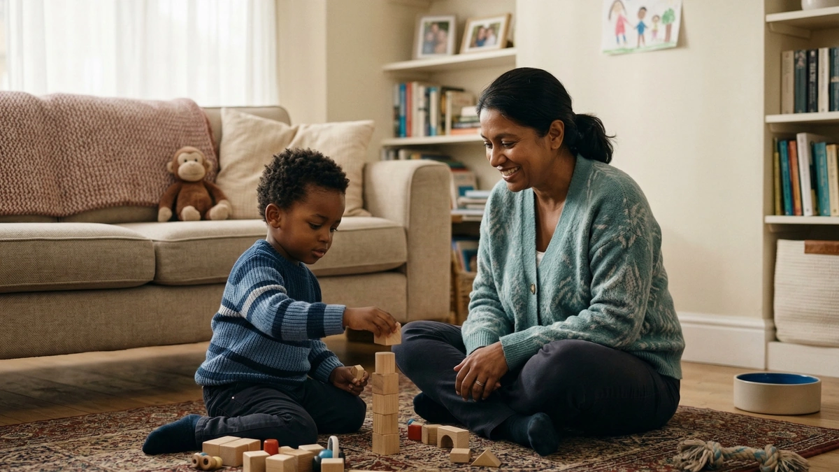 Therapist and child playing with blocks on a living room floor during in-home ABA therapy