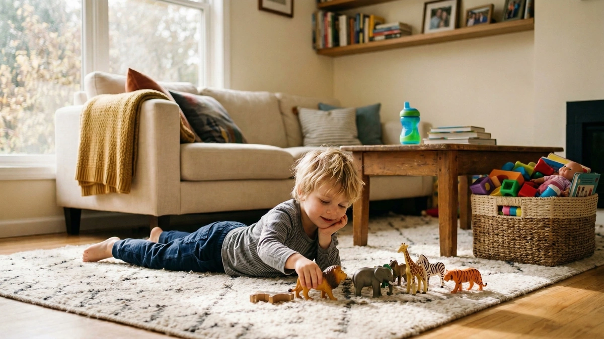 Child playing comfortably with toy animals on the living room rug at home