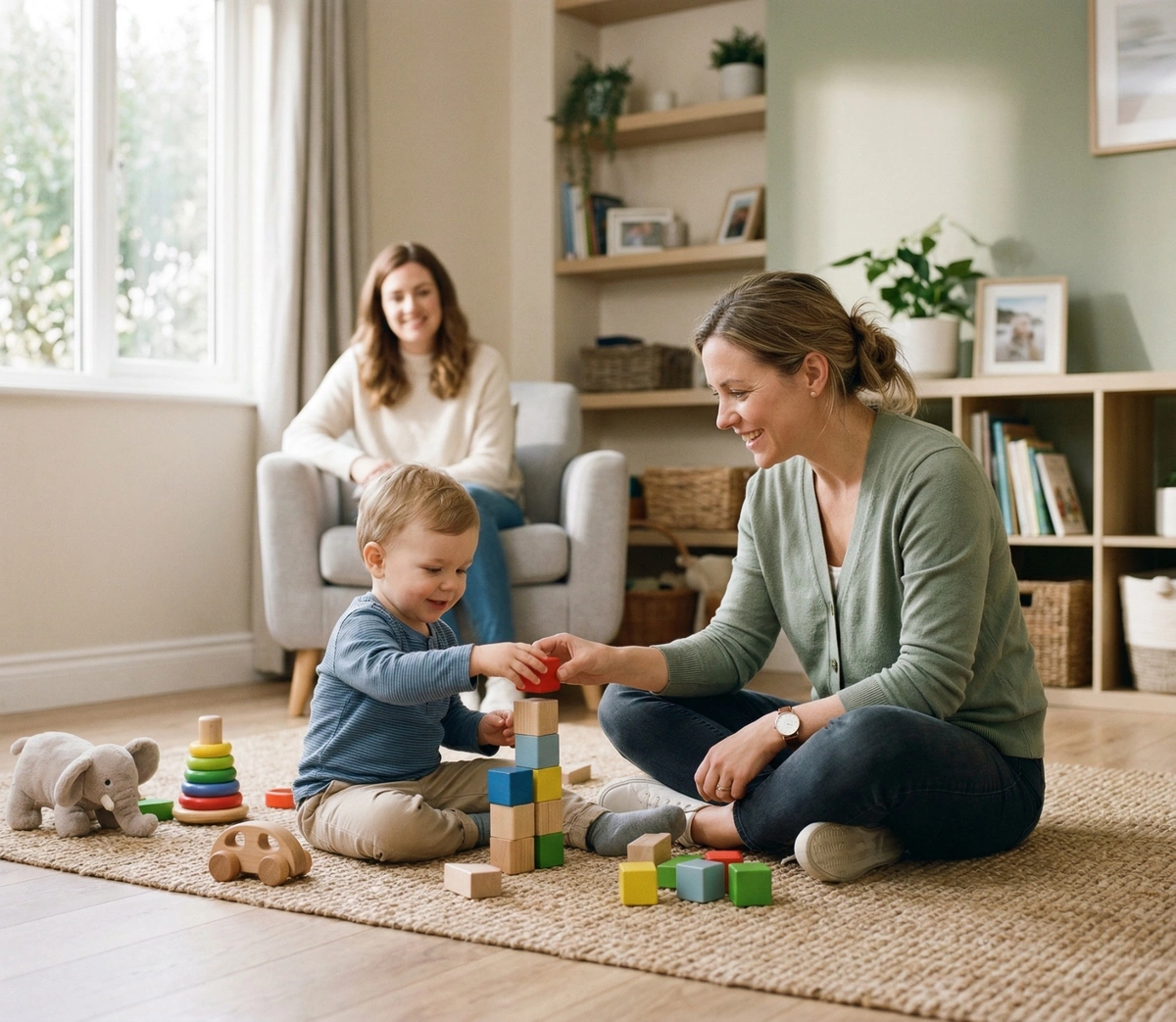 Toddler playing with blocks alongside therapist while parent watches from nearby chair