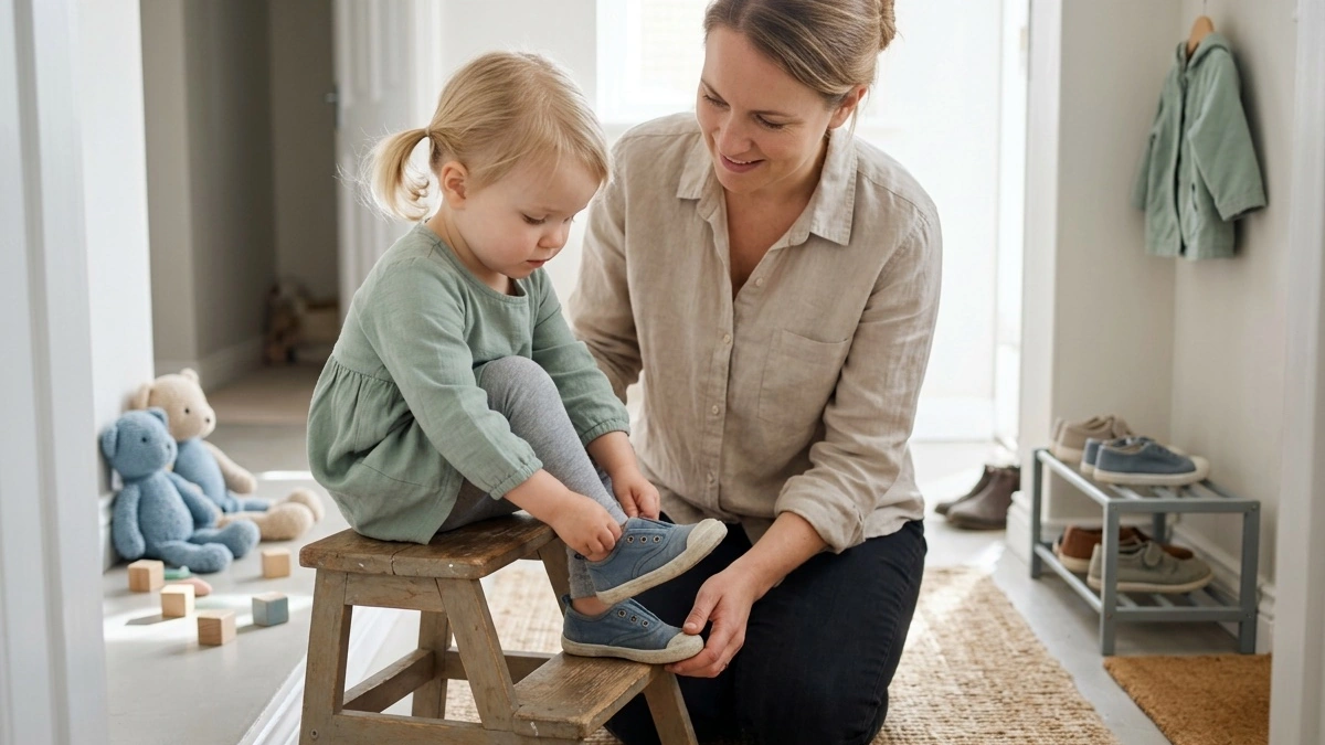 Mother helping toddler learn to put on shoes while sitting on a small stool in the hallway