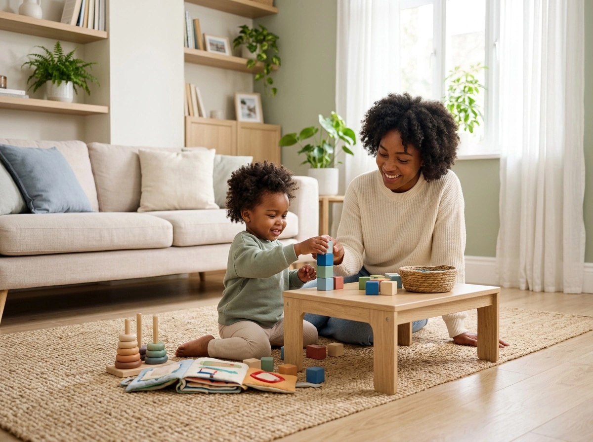 Parent and toddler building with colorful blocks together on the living room floor