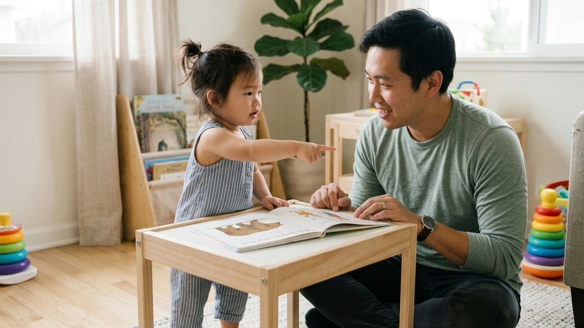 Father holding his young daughter close on the couch in a warm living room