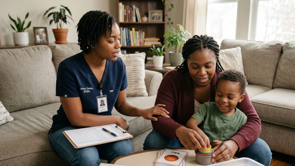 BCBA coaching a parent through a therapy activity with her child on the living room couch