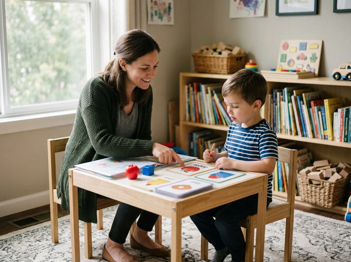 Therapist guiding a young boy through structured learning activities at a small table