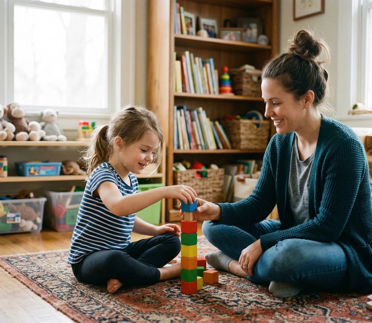 Child and therapist building a colorful block tower together on the playroom floor