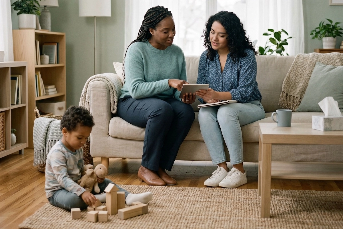 Mother relaxing on the couch with her three children in a calm family moment