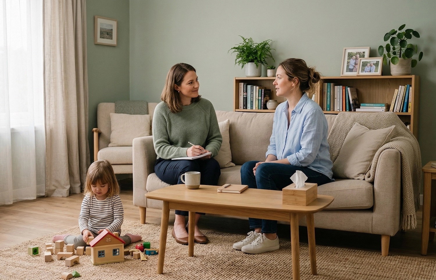 BCBA taking notes on couch while child plays with blocks on the living room floor