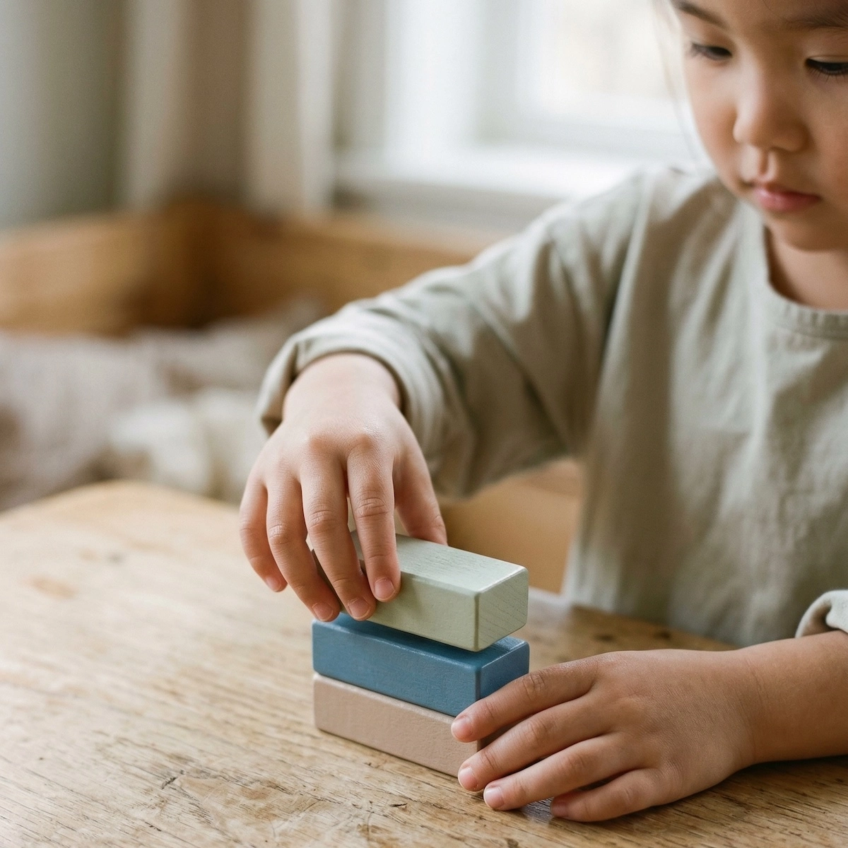 Father kneeling down to calmly connect with his son in the kitchen