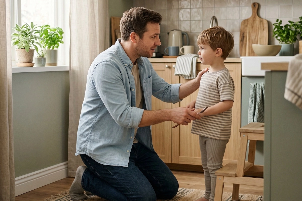 Child carefully stacking wooden blocks at a table during a focused activity