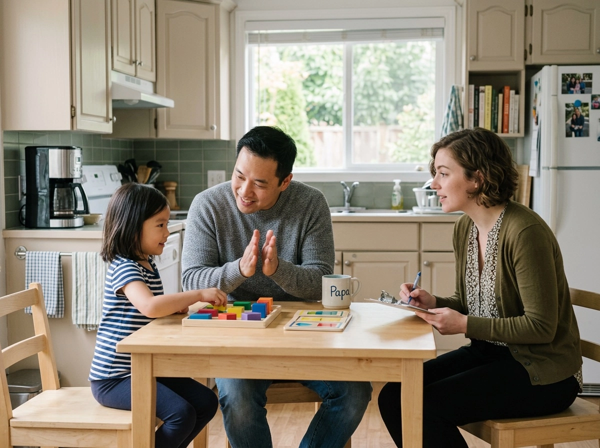 Father clapping for his daughter while BCBA takes notes at the kitchen table