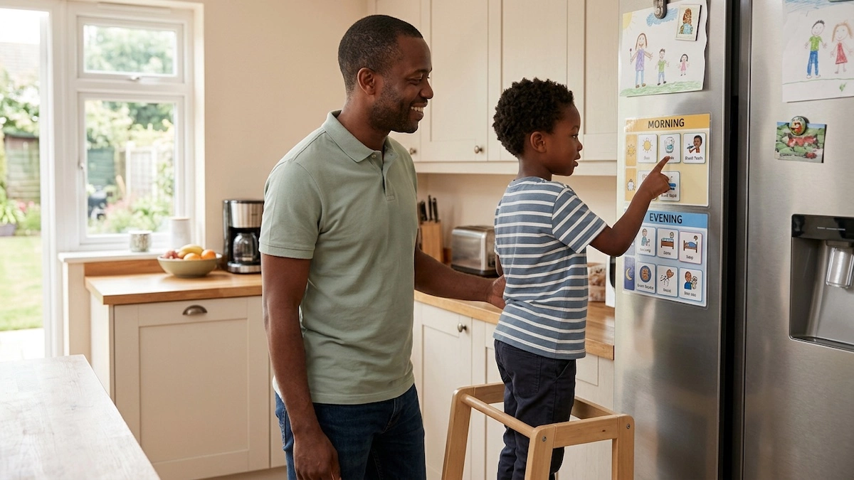 Father and son using a visual schedule on the refrigerator during their morning routine