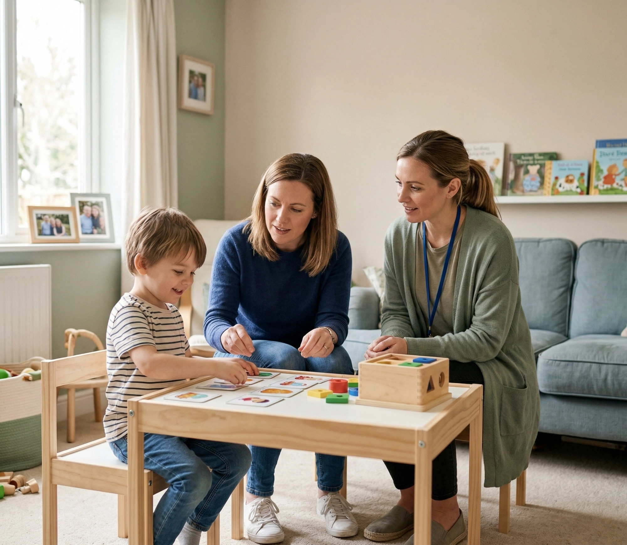 BCBA coaching mother and son through a learning activity at a small table in the living room