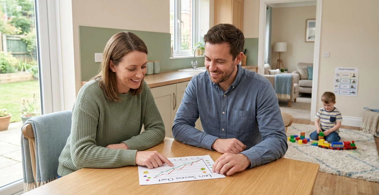 Mother praising her son after he builds a block tower at the kitchen table