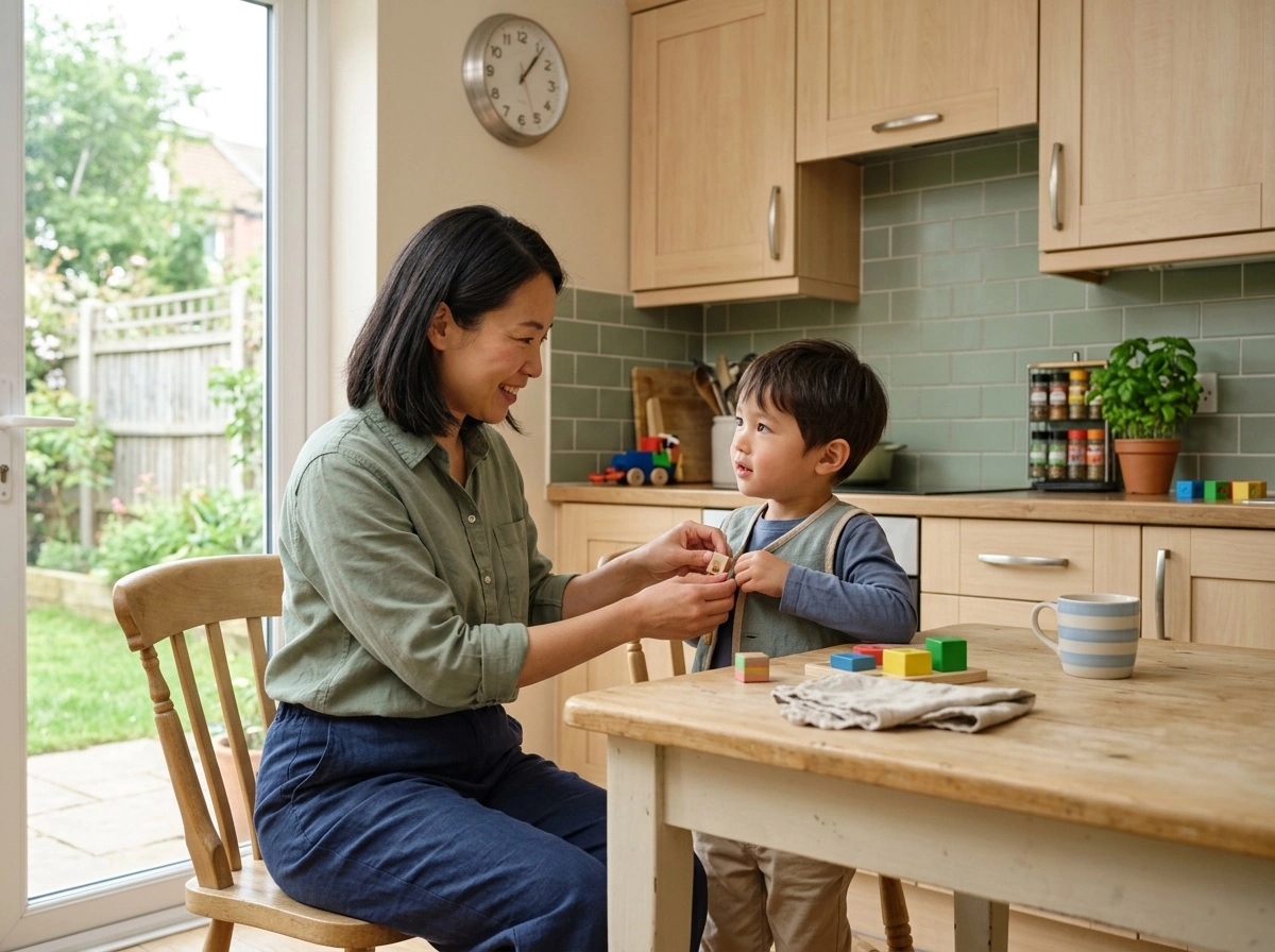 Mother helping her son button his shirt at the kitchen table