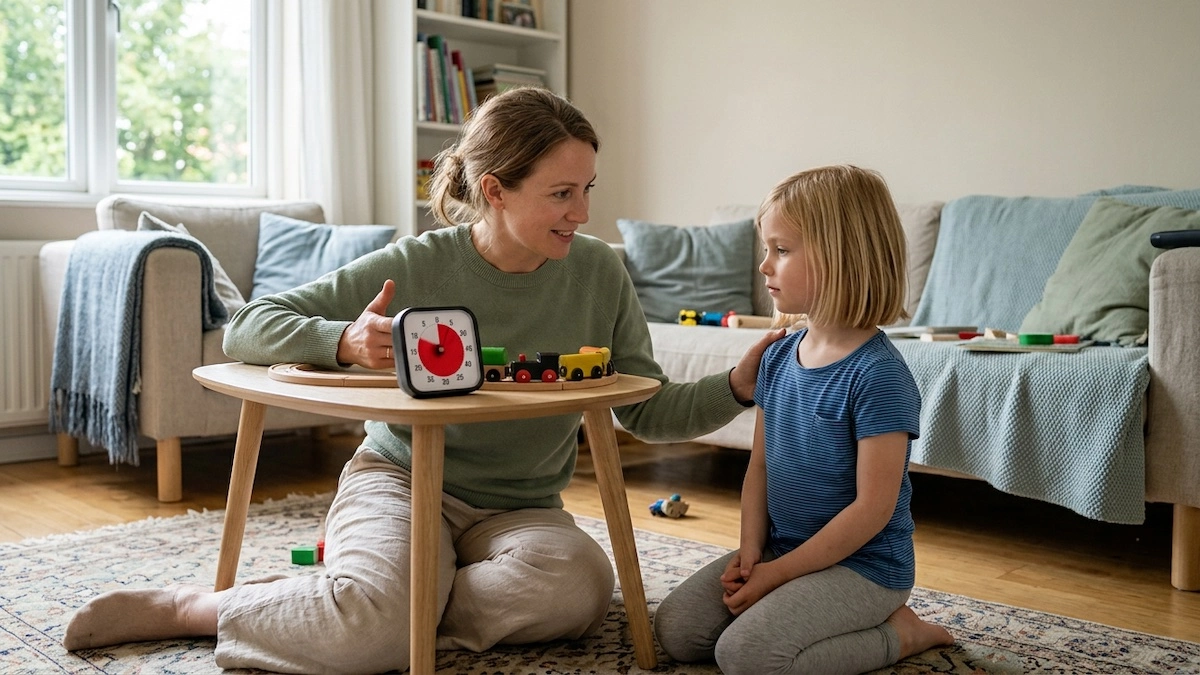 Mother using a visual timer to guide her daughter through a transition at home
