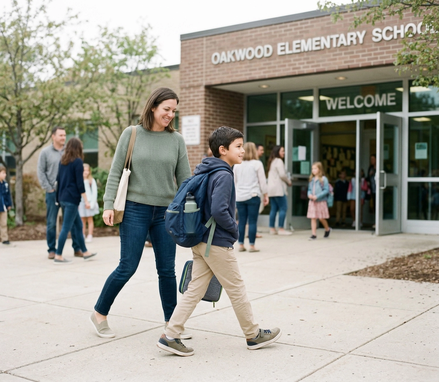 Boy packing his backpack using a morning routine checklist while mom watches from the kitchen