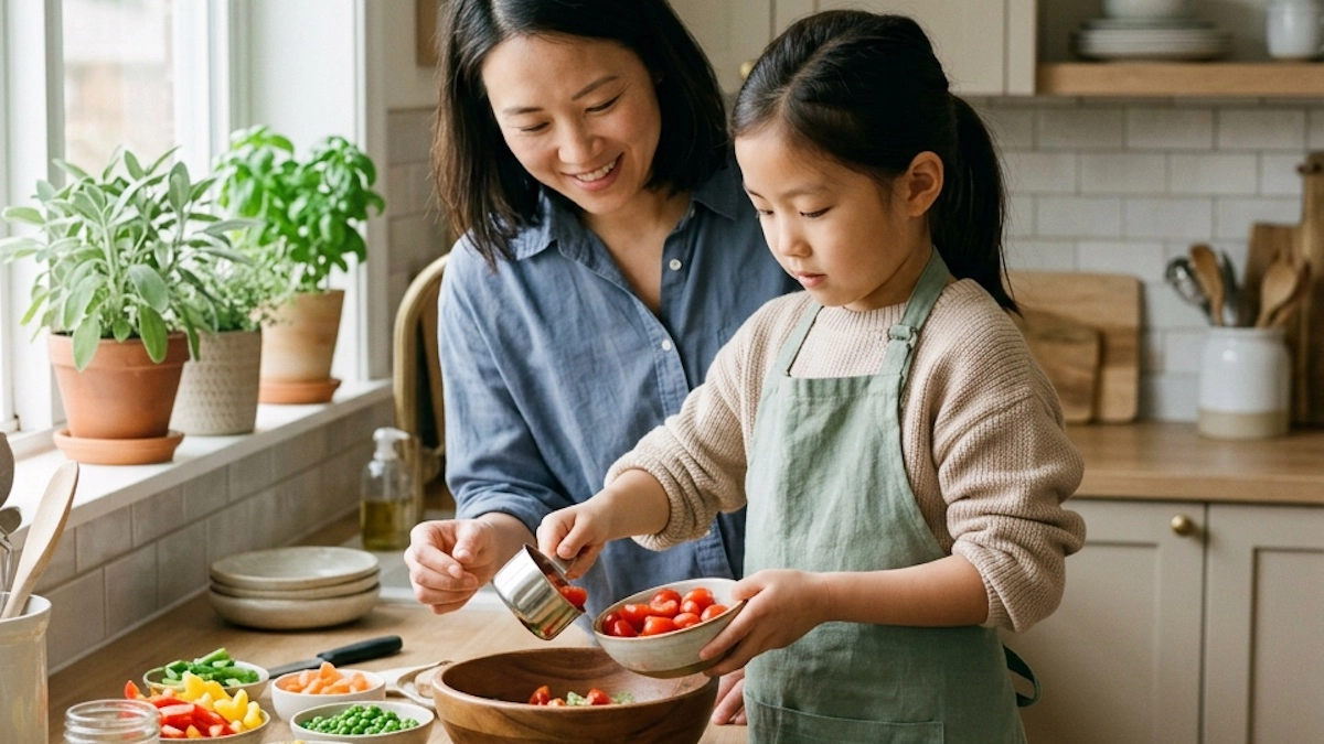 Boy practicing crossing the street at a school crossing with his mother nearby
