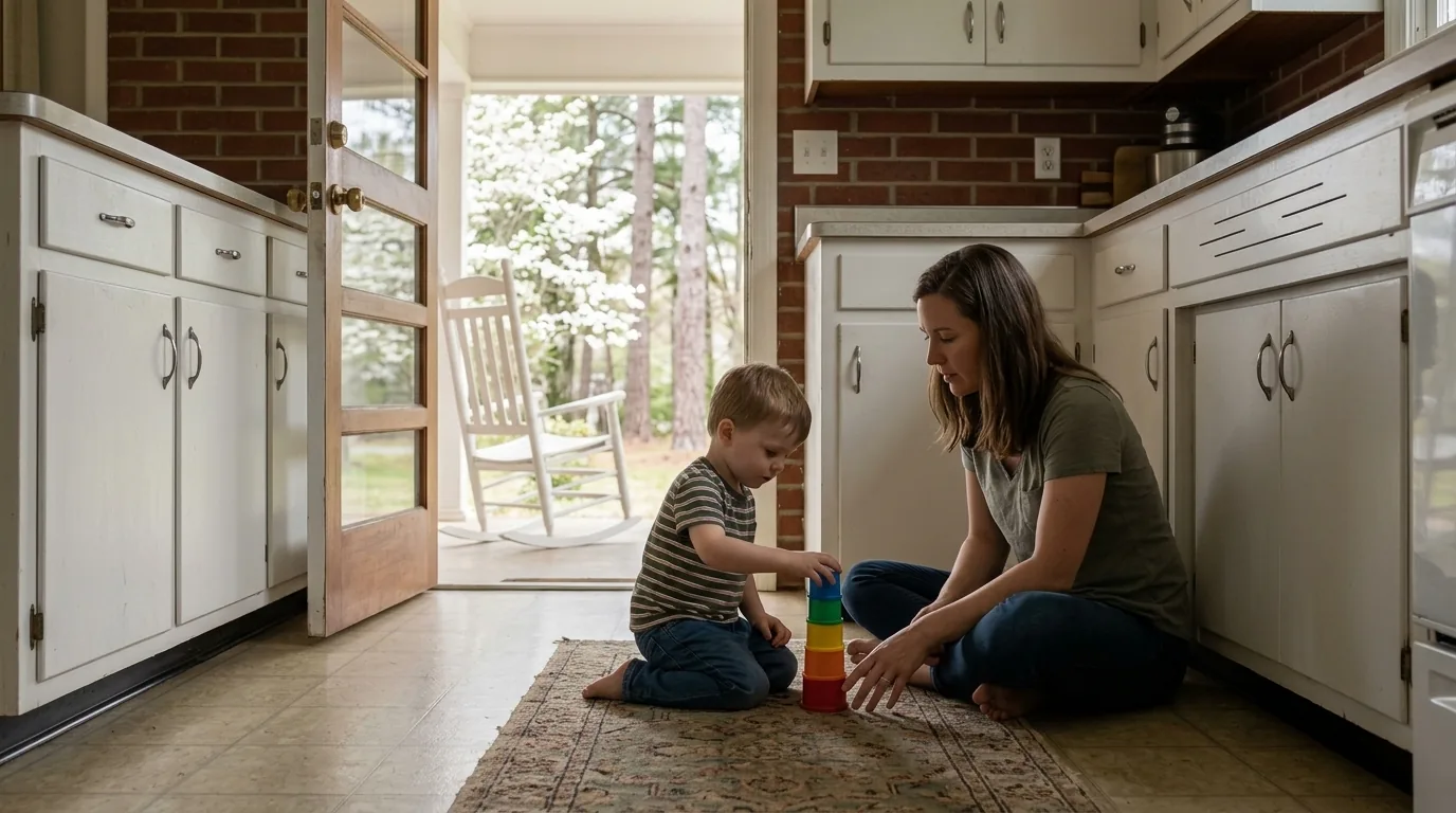 Mother sitting on the kitchen floor as her toddler stacks colorful nesting cups