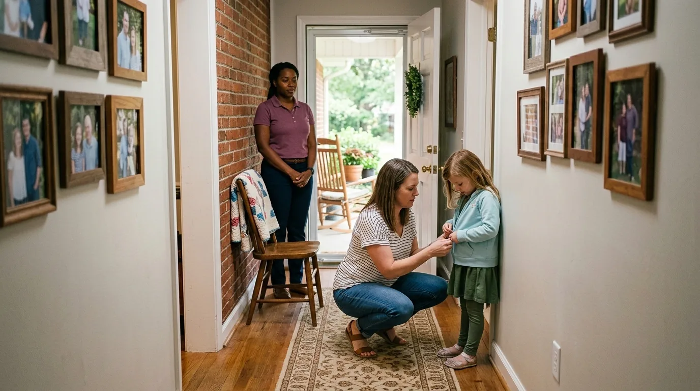 Mother helps her daughter zip her jacket in the hallway while a Behavior Technician looks on