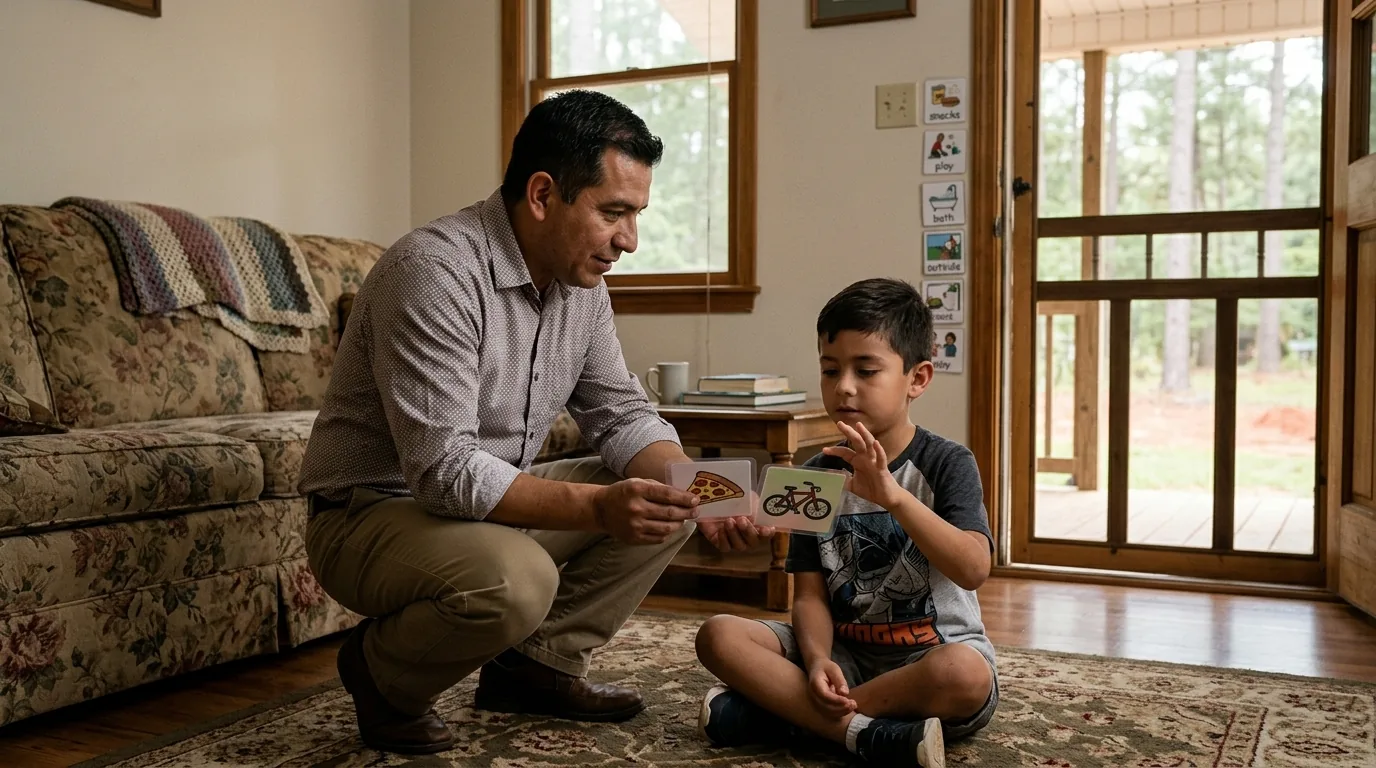 Behavior Technician offers a boy two picture cards to choose between in his living room