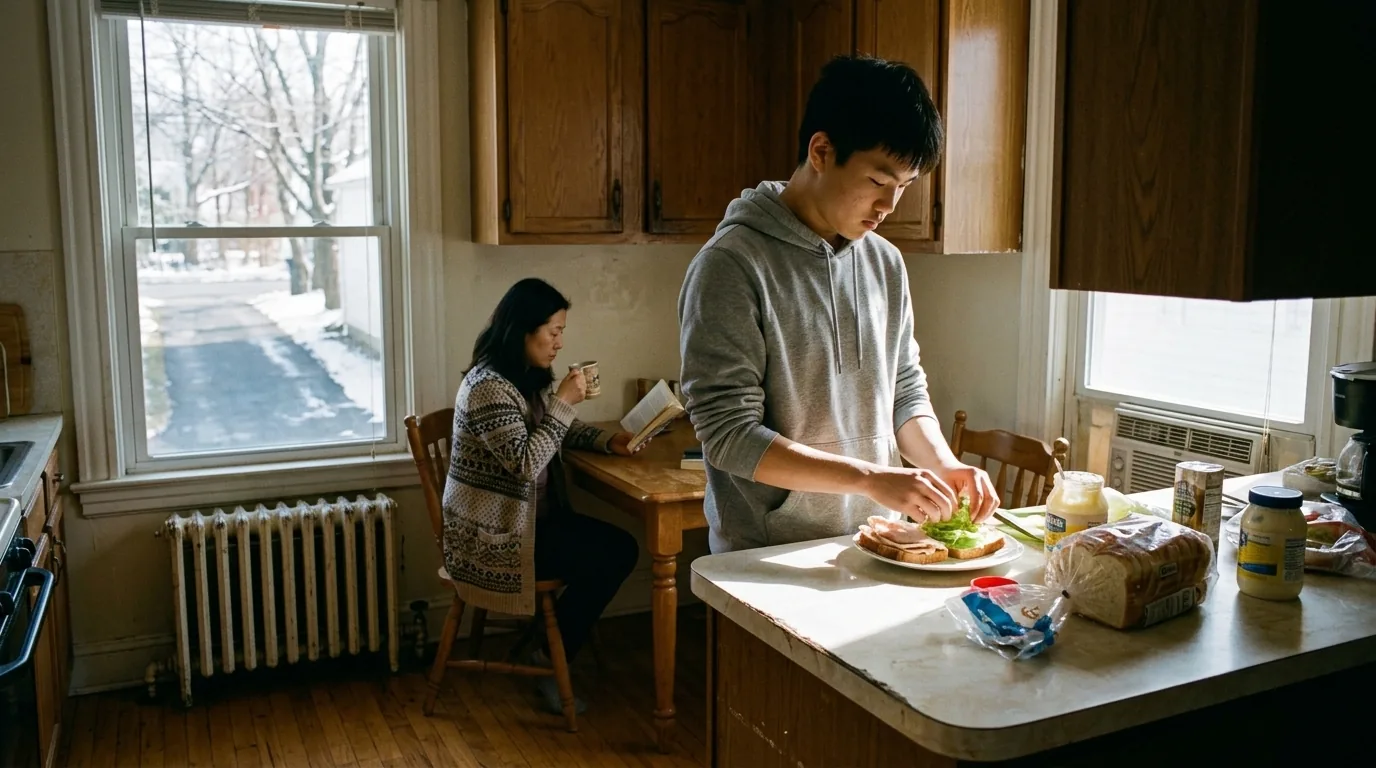 Teenager makes his own lunch at the counter while a parent reads nearby
