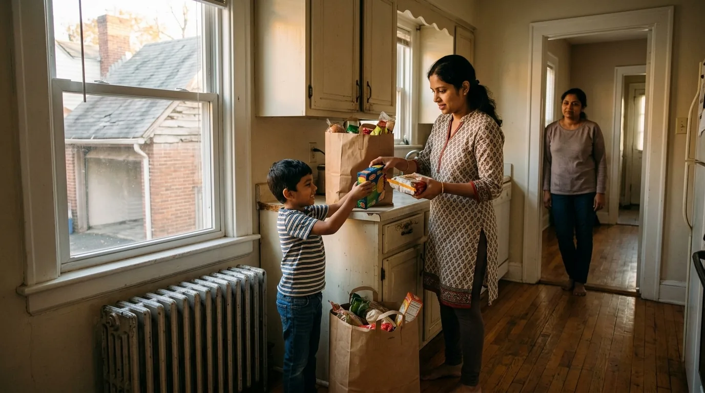 Boy hands groceries to his mother while a Behavior Technician watches from the hallway