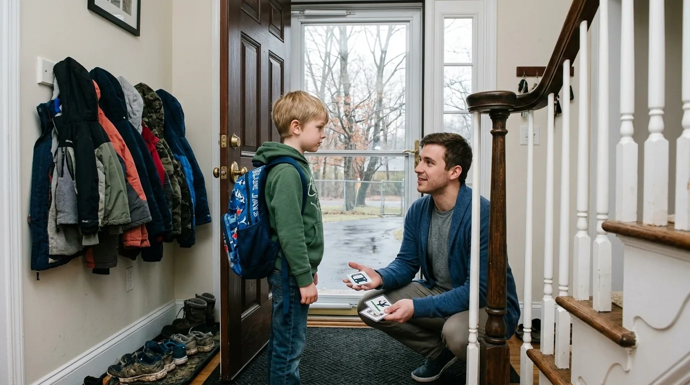 Behavior Technician kneels by the front door showing a boy two picture cards