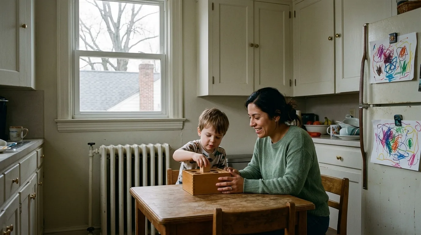 Mother smiles as her toddler works a wooden shape box at the kitchen table