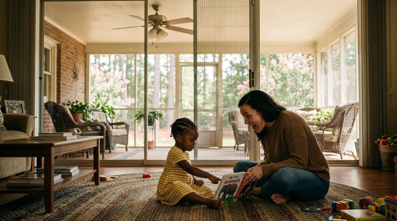 Mother reads an animal picture book with her toddler on the living room rug