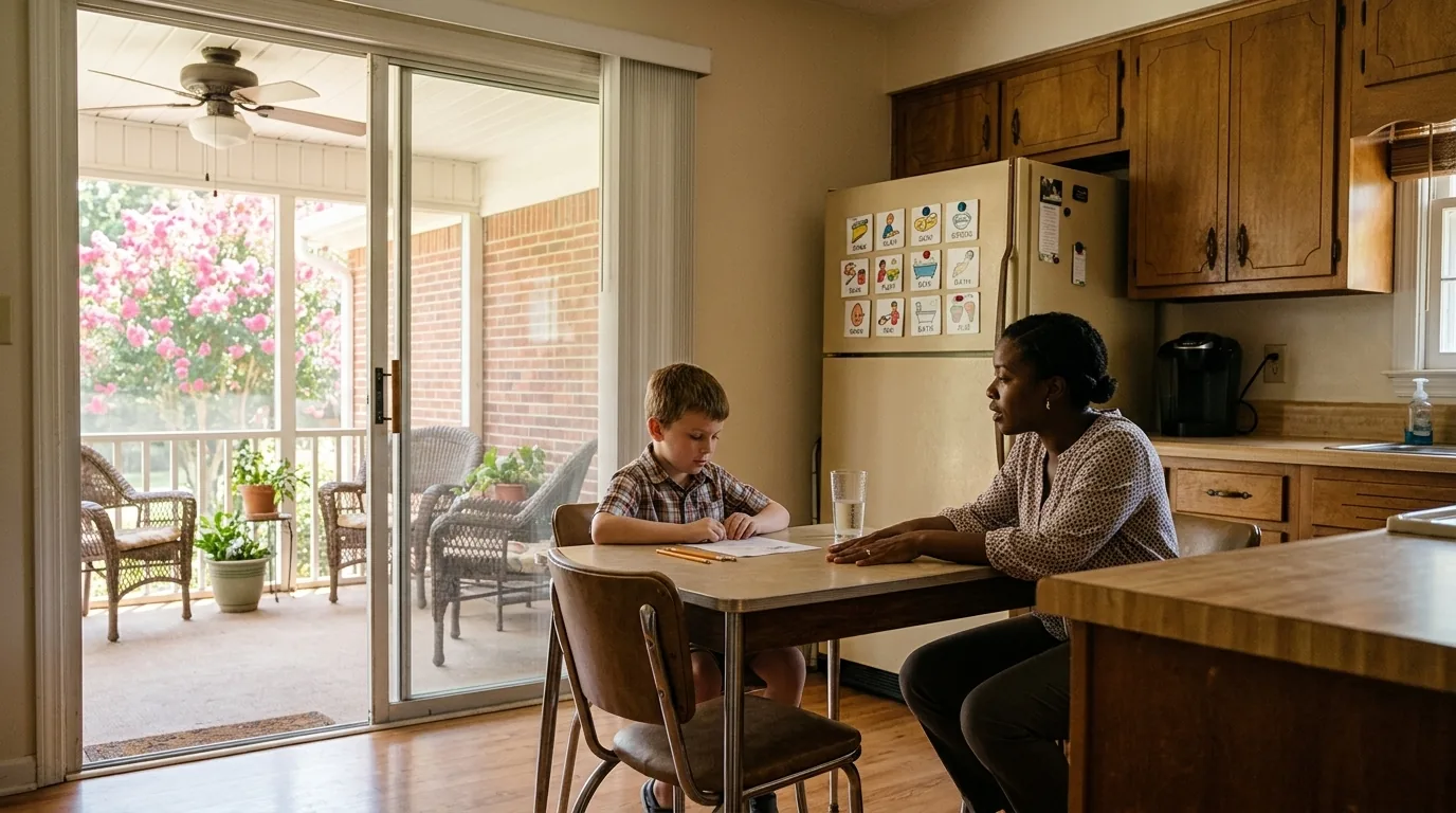 Behavior Technician works with a boy at the kitchen table with picture cards on the fridge