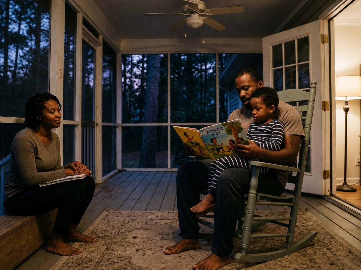 Father reads to his son on the porch at dusk while a Behavior Technician sits nearby