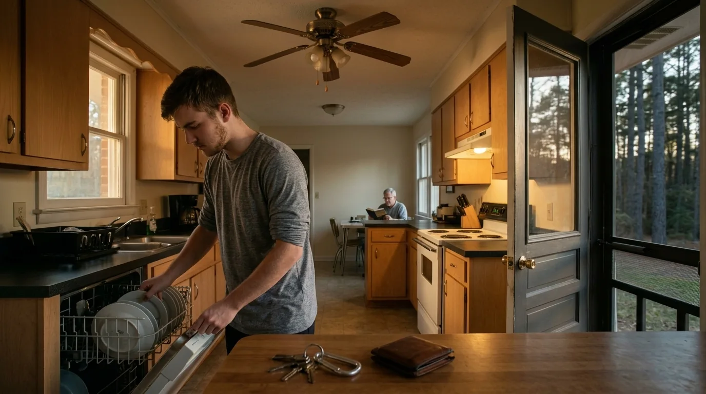 Young adult loads the dishwasher while a parent reads at the kitchen table