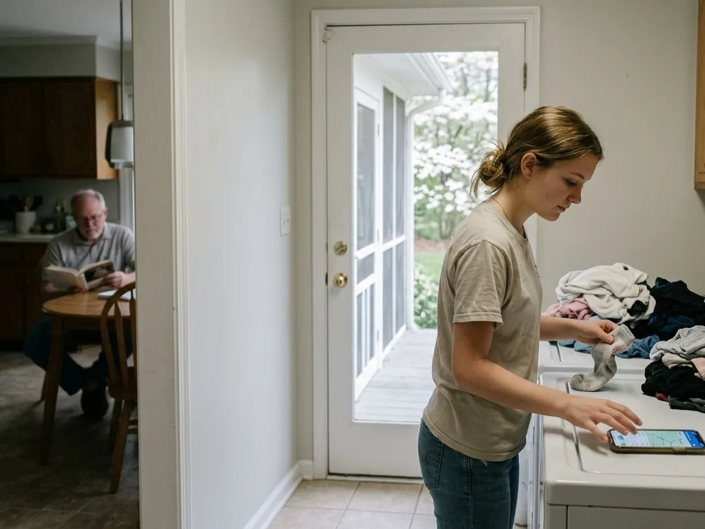 Young adult sorts laundry and checks a phone checklist while a parent reads nearby