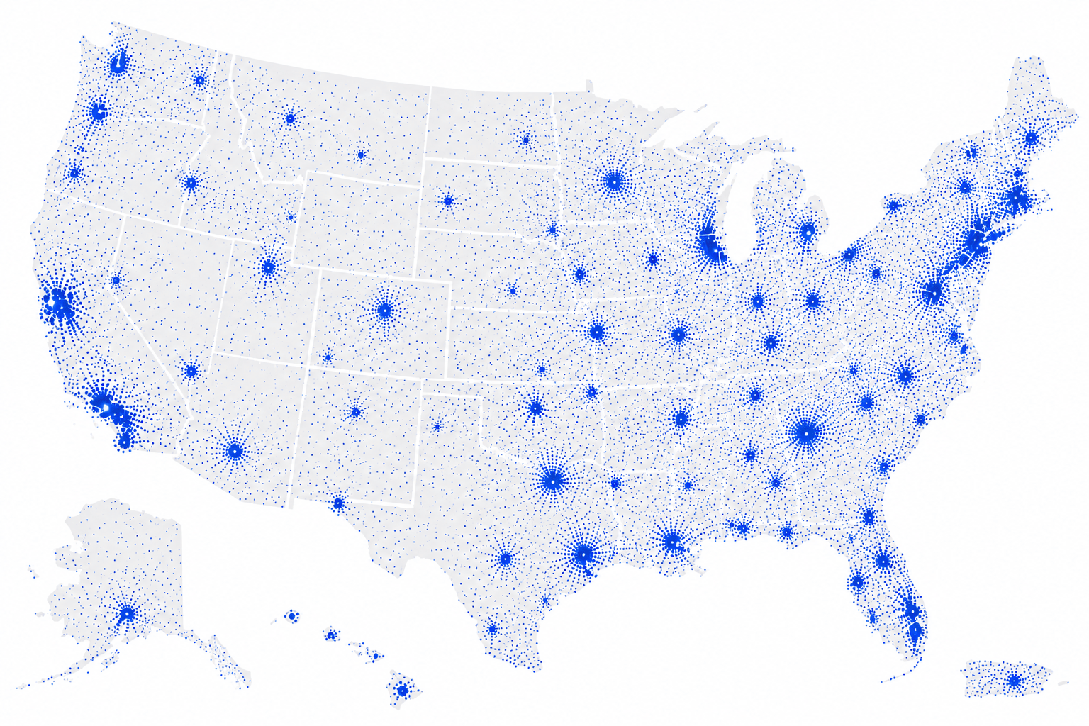 Map of the United States with blue dots showing population density clusters across states.