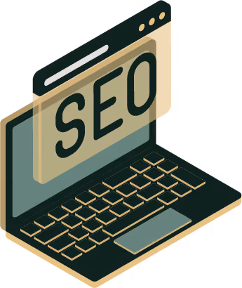 Illustration of a laptop with a browser window displaying the letters SEO.