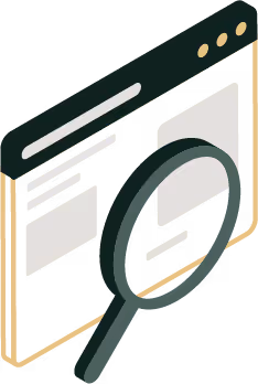 Isometric illustration of a web browser window with a magnifying glass focusing on search results.