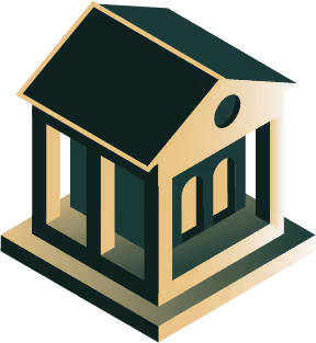 Stylized icon of a classical bank building with pillars and a pitched roof on a square base.