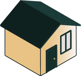 Simplified isometric illustration of a small beige house with a dark green roof, door, and window.