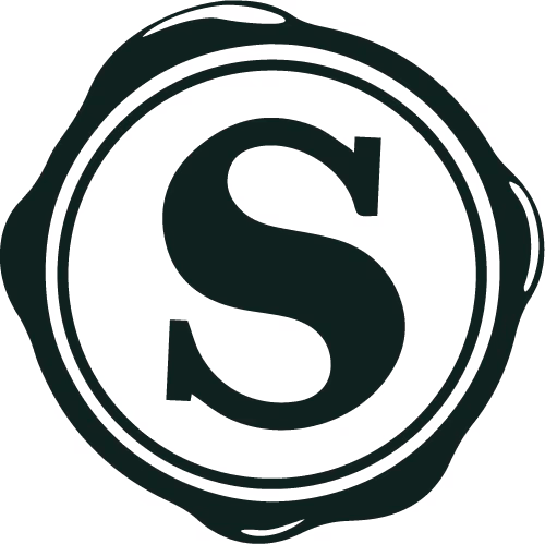 Stylized black letter S inside a circular wax seal design.