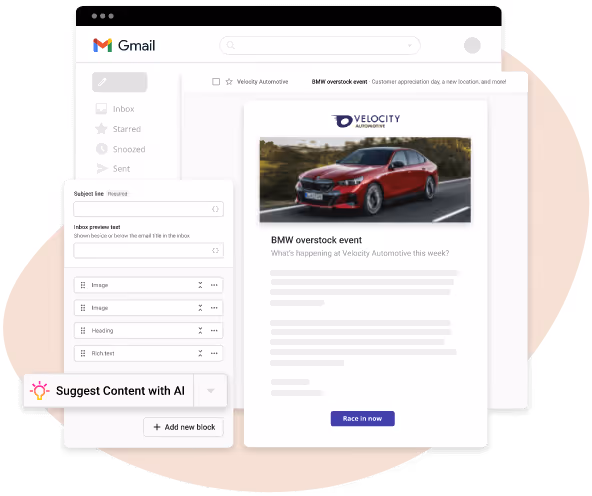 Email campaign design interface showing a 'BMW overstock event' message with a red car image and a 'Race in now' button.