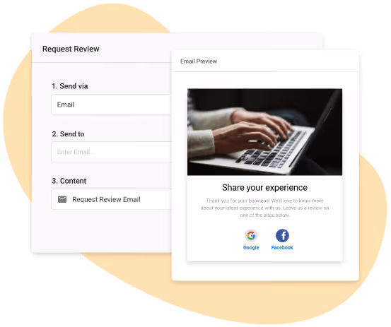 Interface showing a form to request a review via email and a preview of an email asking to share experience with links to Google and Facebook reviews.