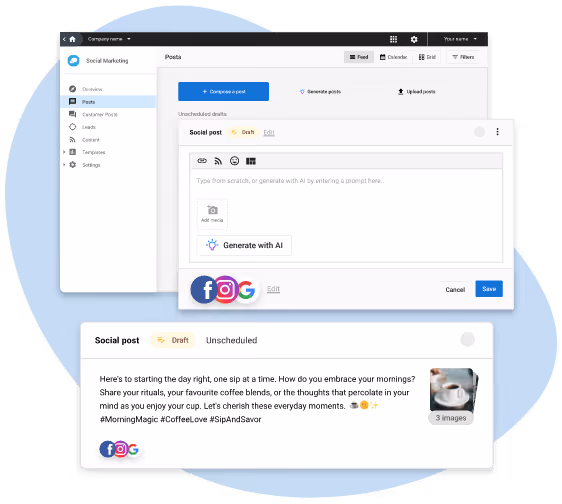 User interface of a social marketing platform showing a draft social post being composed with options to generate content using AI and share on Facebook, Instagram, and Google.