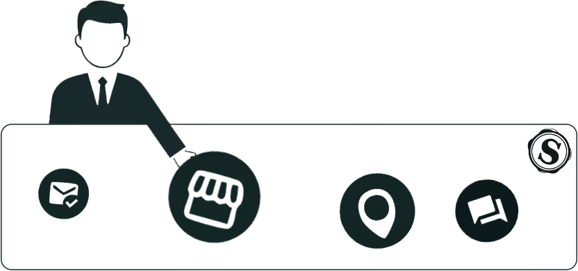 Illustration of a person in a suit pointing to a rectangular platform with icons of an envelope, storefront, location pin, browsing window, and a small circle with letter S.