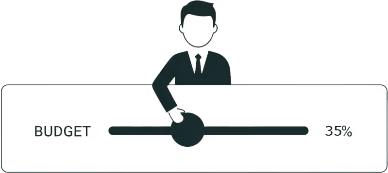 Illustration of a person in a suit adjusting a slider labeled 'Budget' set at 35%.