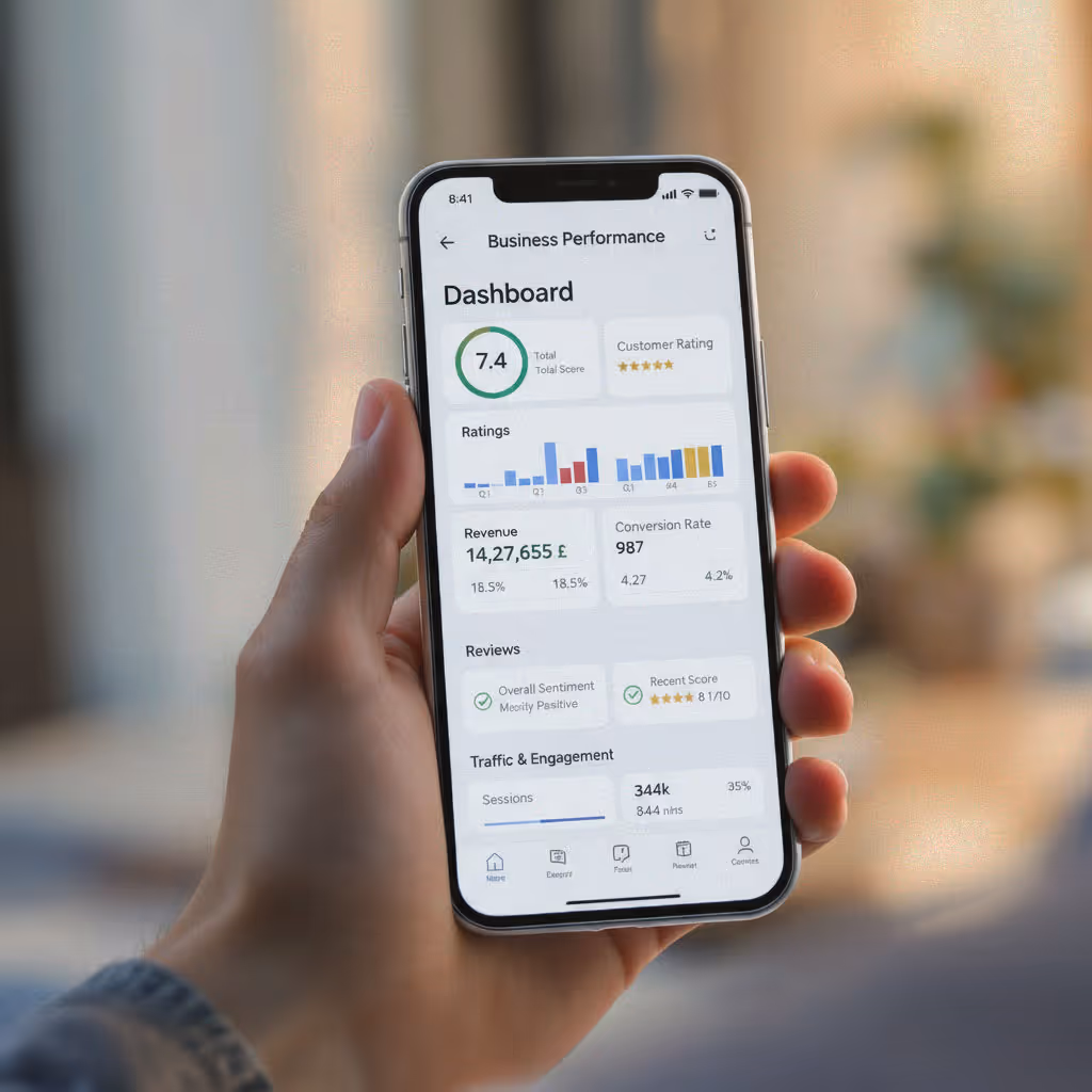 Hand holding a smartphone displaying a business performance dashboard with metrics including total score, customer rating, revenue, conversion rate, reviews, and traffic engagement.