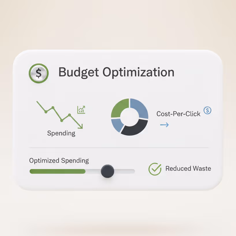 Interface panel titled Budget Optimization showing a downward spending graph, a segmented donut chart labeled Cost-Per-Click, and a slider for Optimized Spending with a green bar indicating reduced waste.