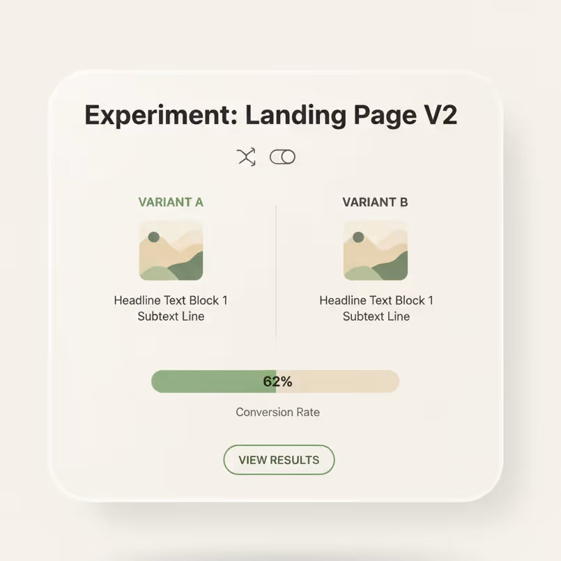Experiment dashboard comparing landing page variants A and B, showing a 62% conversion rate for variant A with a 'View Results' button.